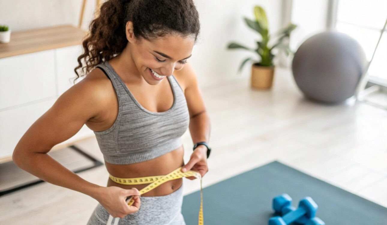 Woman measuring waistline as part of a personalized weight loss in Ellicott MD