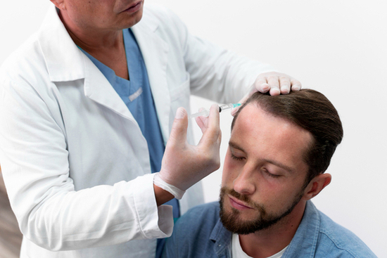 Doctor performing hair restoration treatment using PRP injections on male patient’s scalp