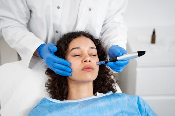 Microneedling for acne scars treatment being performed on a woman’s face by a licensed aesthetic professional